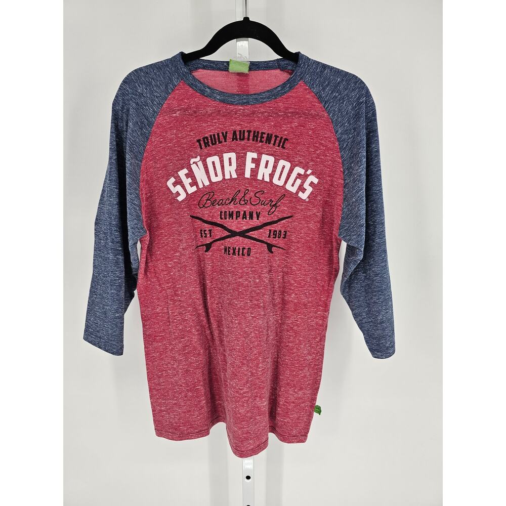 Senor Frogs Mens Sz L 3/4 Henley Sleeve Heathered T Shirt Blue Red